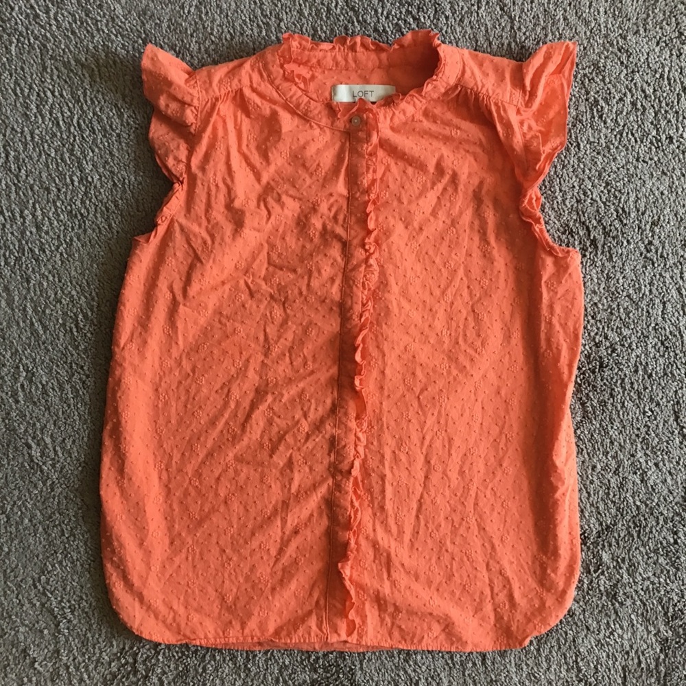 Loft Ruffle Blouse - Orange Swiss Dot Ruffle Sleeve Ruffle Collar Button Front